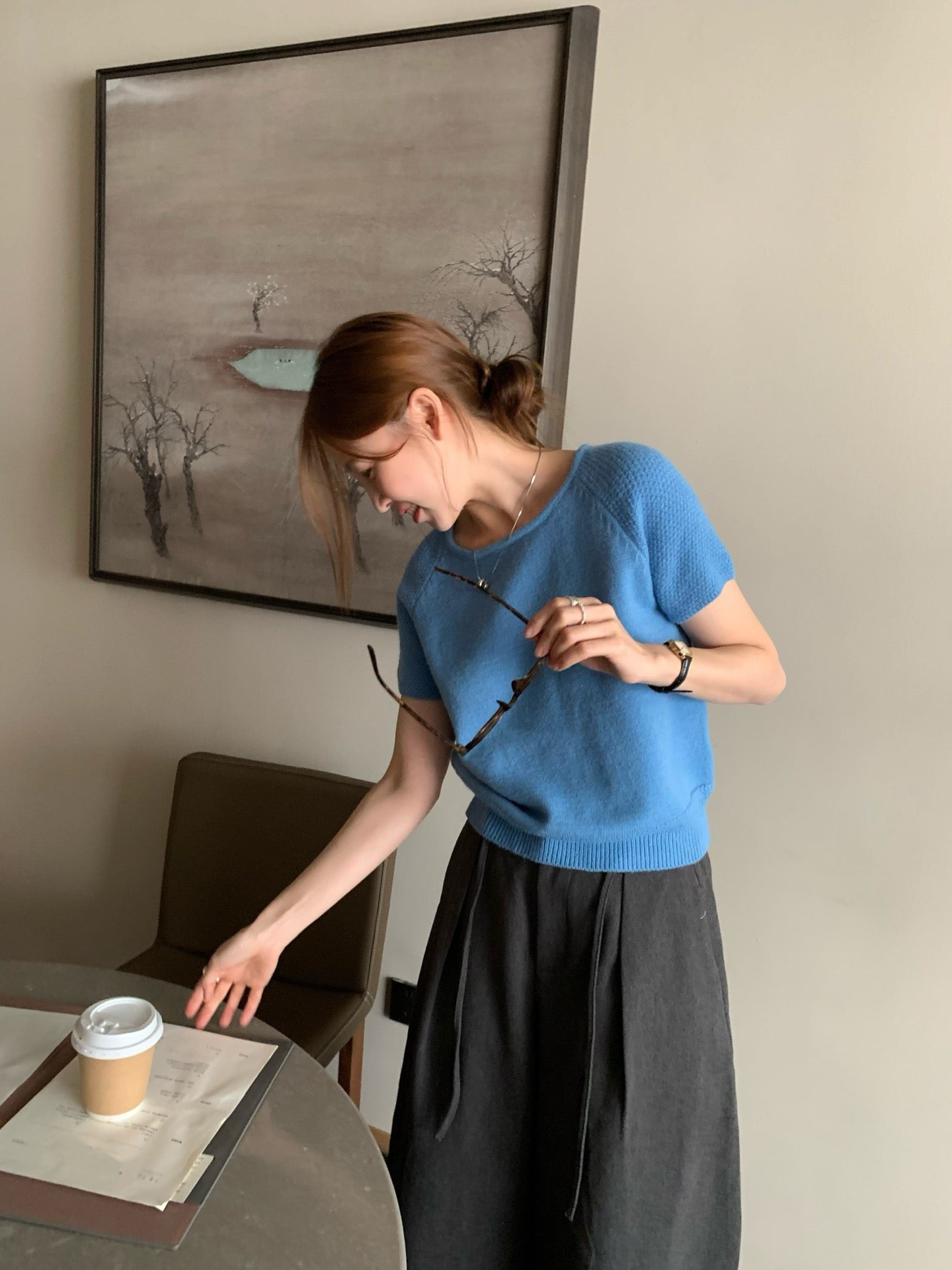 // 拼袖織紋落肩短袖NT