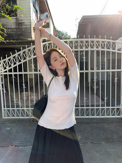 🌵 肌理感樹紋修肩彈性針織上衣