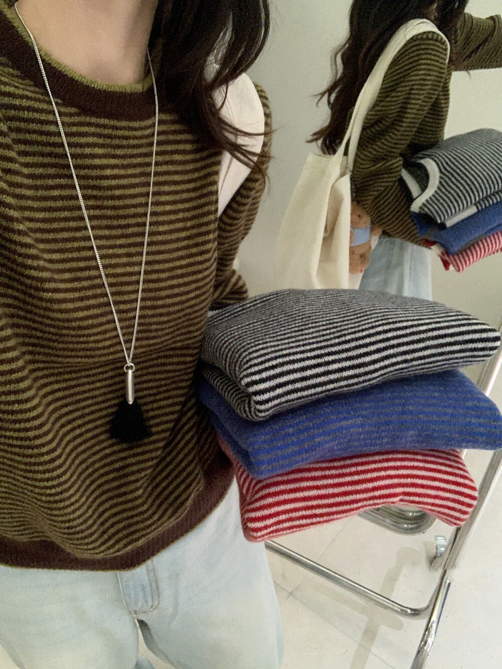 // 100%wool細間條包邊毛衣