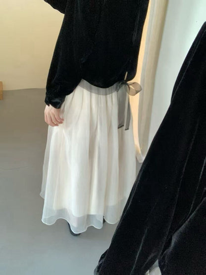 // 氣質絲絨花邊領後綁帶拼lace腳BL