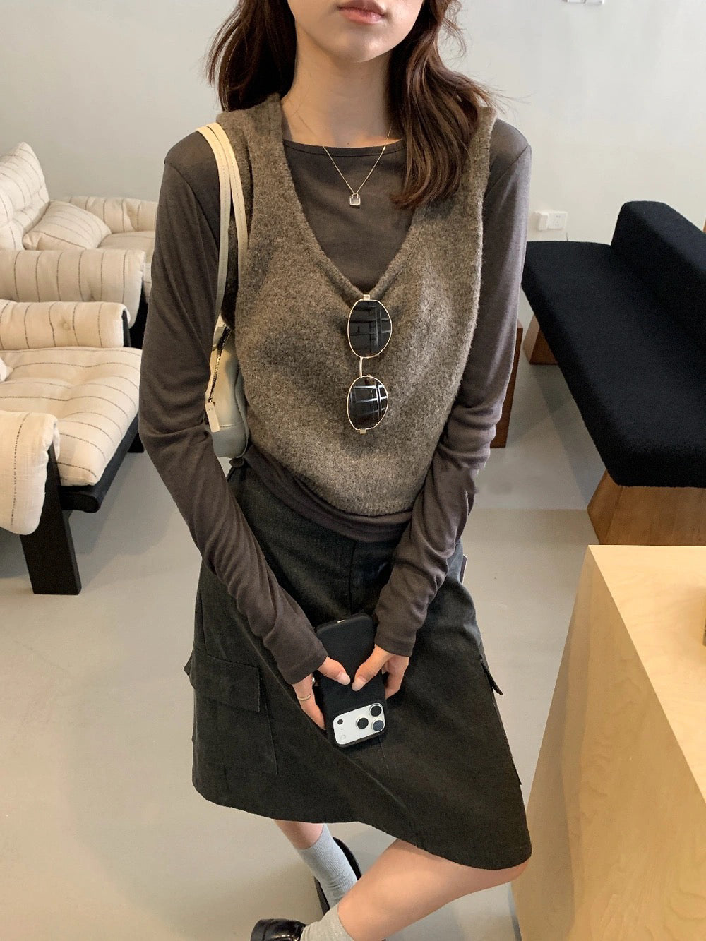 T08 / 顏色超美撞色疊穿針織背心+打底上衣兩件套