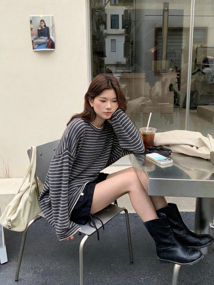 B218 / 寬鬆休閒look間條長款上衣