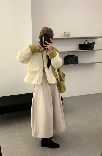 // 撞色包邊拼燈芯絨領可束腰菱格夾棉短外套(帽子可拆)