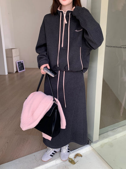 // 撞色邊小刺繡半拉鍊衛衣+半身裙套裝