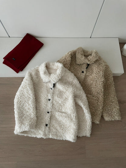 // 皮扣可立領口袋毛毛外套