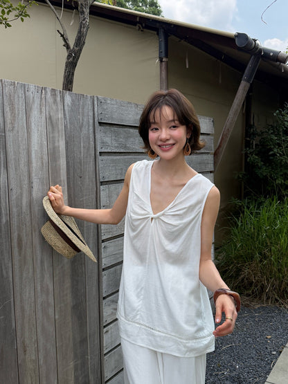 S20 / 15%麻鏤空details扭結背心+休閒闊褲套裝