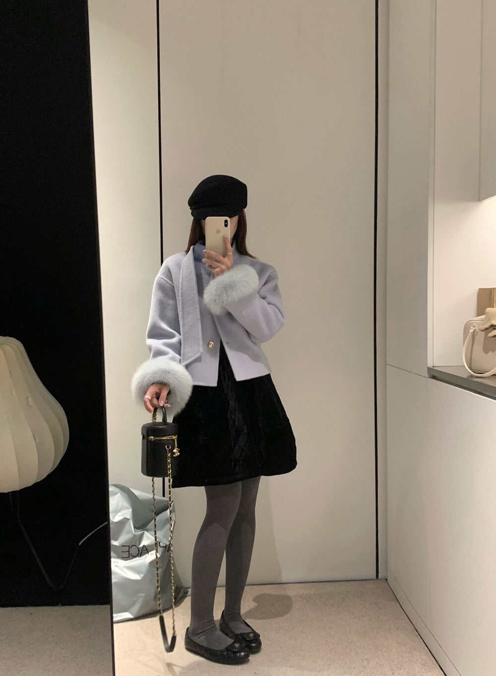 // 減齡款絲絨菱格蓬蓬短裙