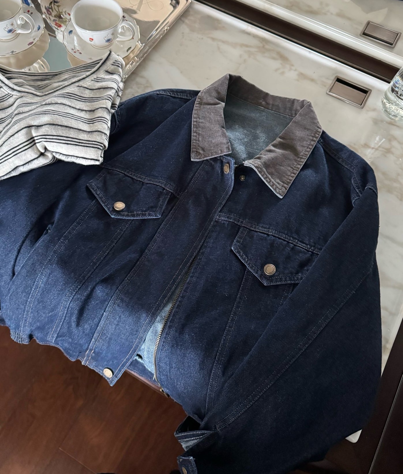 // 中古風拼領拉鍊牛仔外套