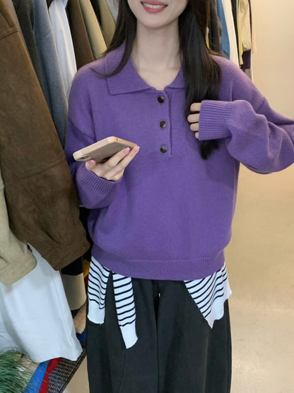 // 30%wool鈕扣直坑紋翻領毛衣