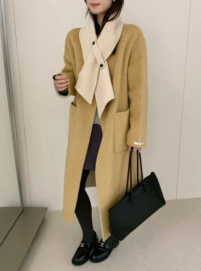 // 撞色內裡斜襟連頸巾100%羊毛雙面手工外套