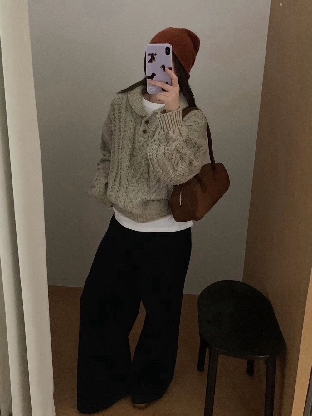 // 30%羊毛紋理感麻花鈕扣翻領毛衣