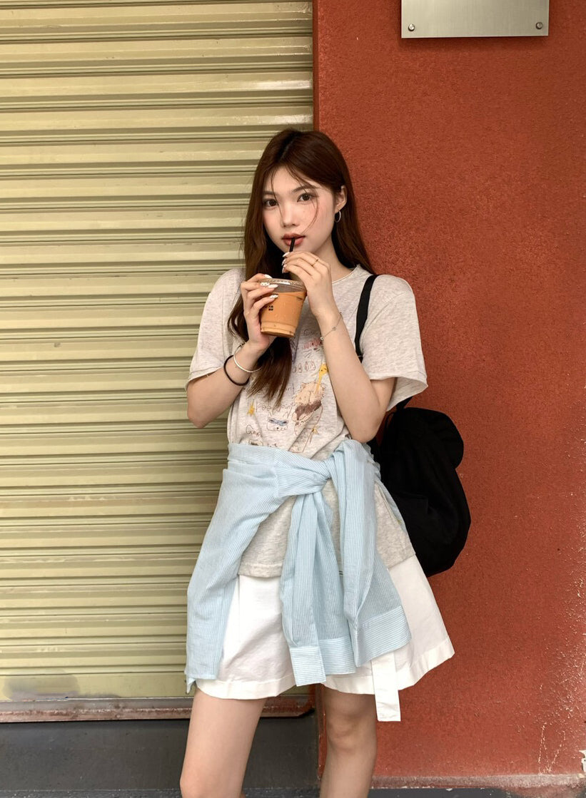 // 可愛手繪lyocell麻短袖TEE