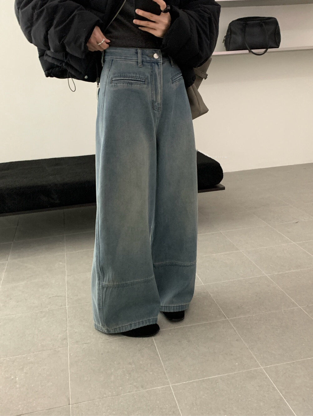 // 雙口袋裝飾拼接褲腳加絨全長牛仔褲