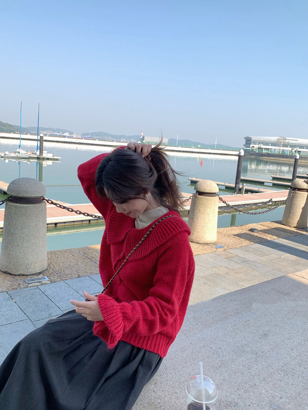 // 大荷葉領+袖開胸毛衣