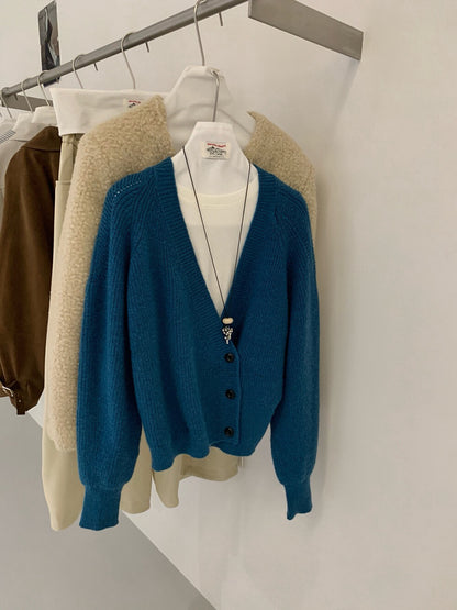 // 設計感交叉側鈕扣深V毛衣