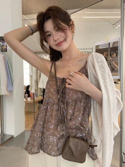 // 綁帶碎花雪紡小吊帶