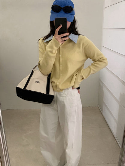 // 拼接間條恤衫領假兩件針織上衣