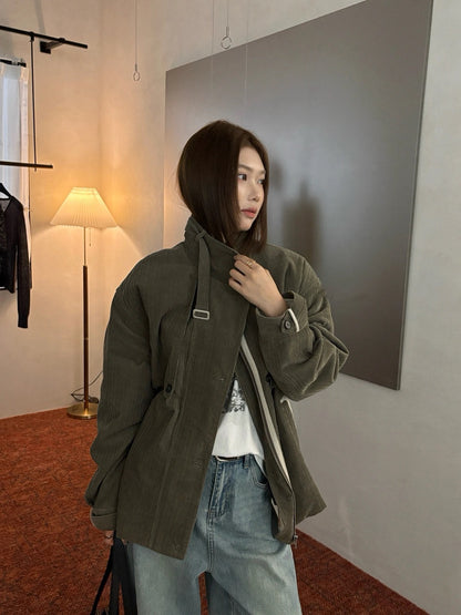 J48 / 復古拼皮邊燈芯絨可立領中長外套