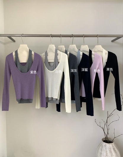 // 小性感大U領假兩件掛頸針織