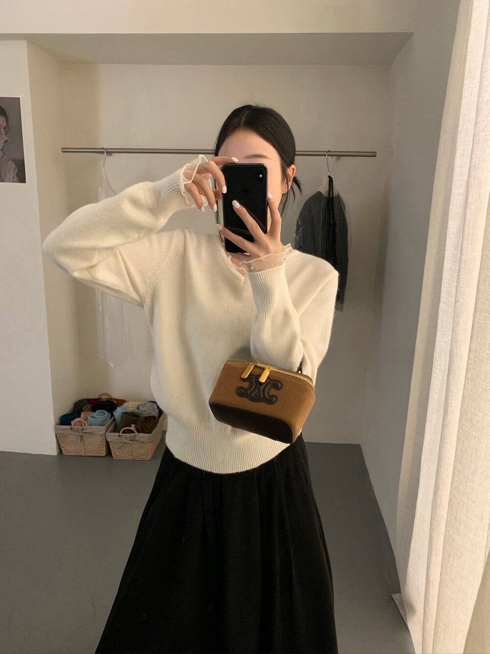 // 5%羊毛拼接lace+釘珠V領NT