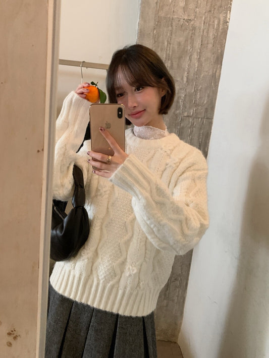 // 絕美蝴蝶結織紋麻花毛衣