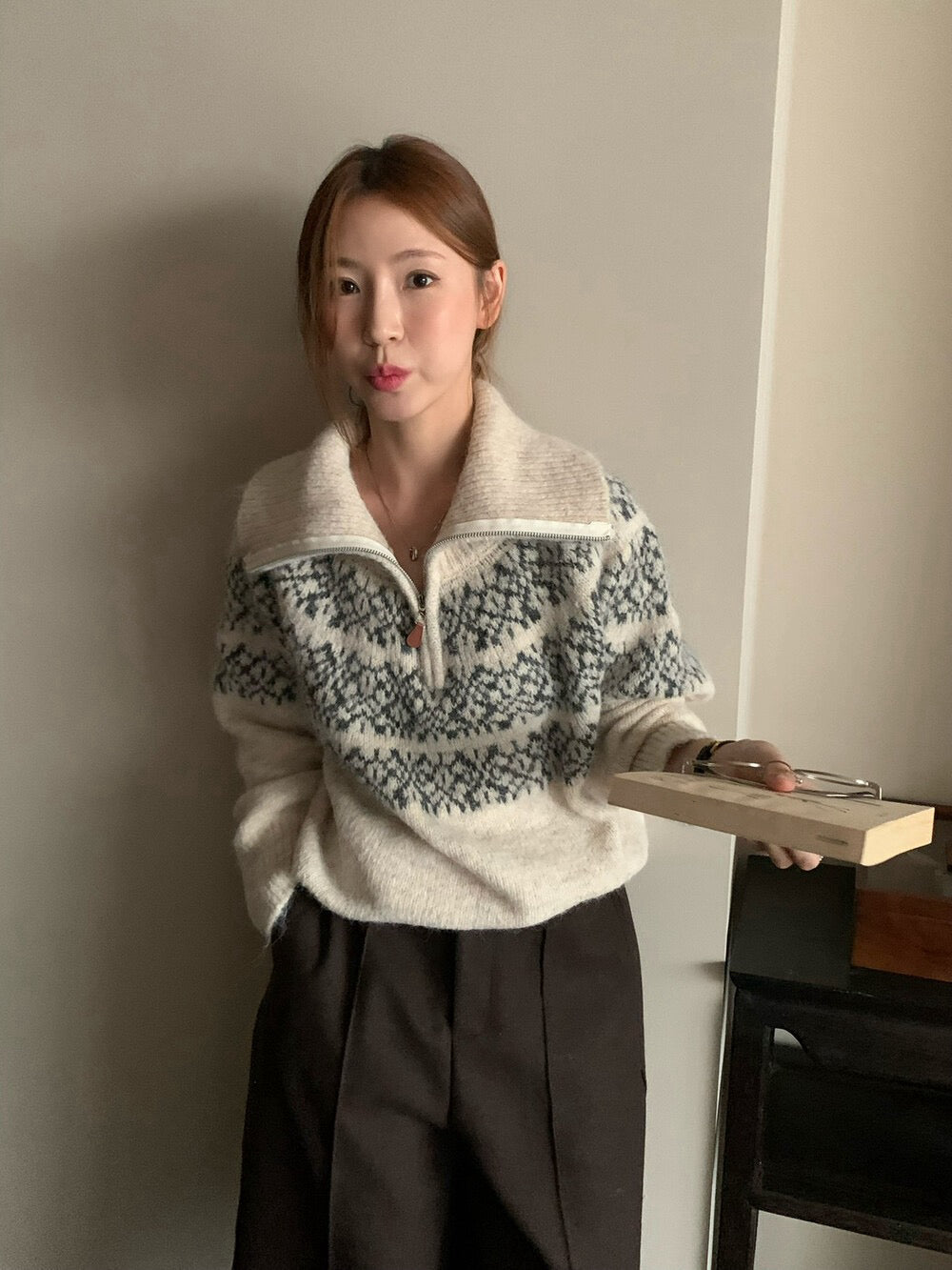 // 11%wool北歐風花紋半拉鍊可立領毛衣