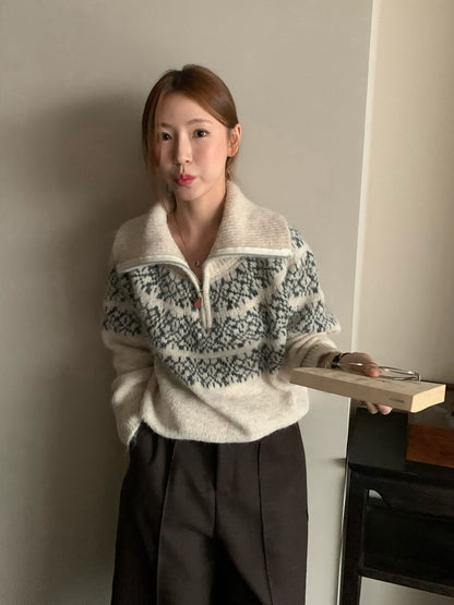 // 11%wool北歐風花紋半拉鍊可立領毛衣