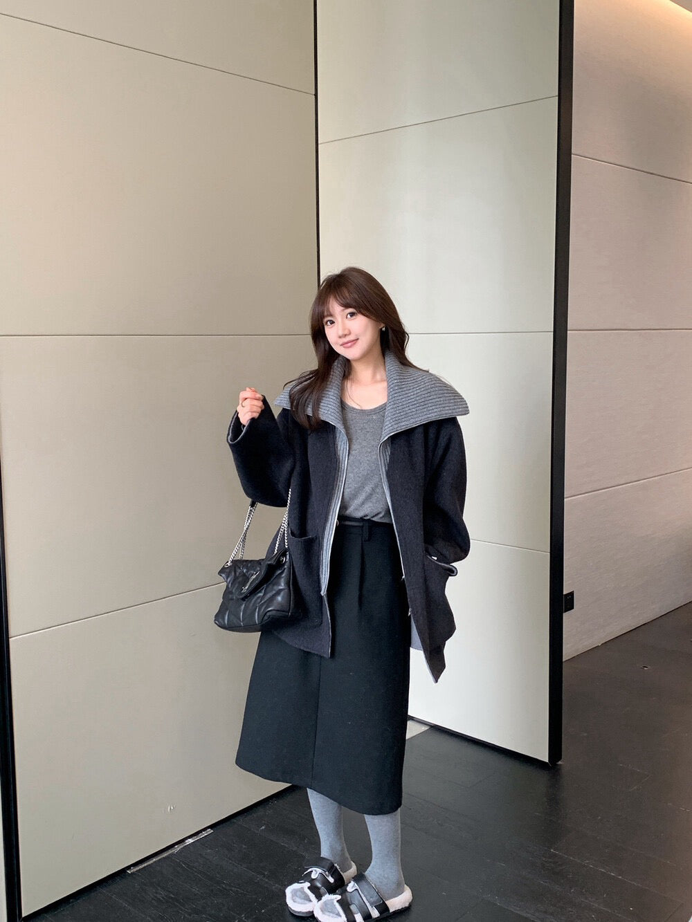 // 造型感針織翻領拼接假兩件手工羊毛外套(毛呢部份100%wool)