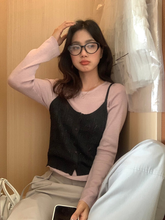 // 鈎針鏤空吊帶+薄打底針織兩件套