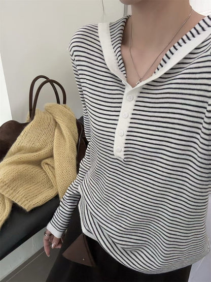 // 慵懶感連帽細間條NT