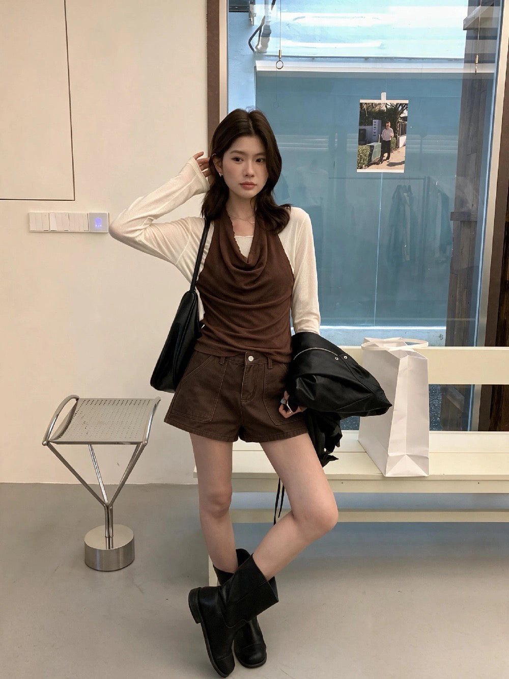 B161 / 撞色肌理感掛頸背心假兩件上衣