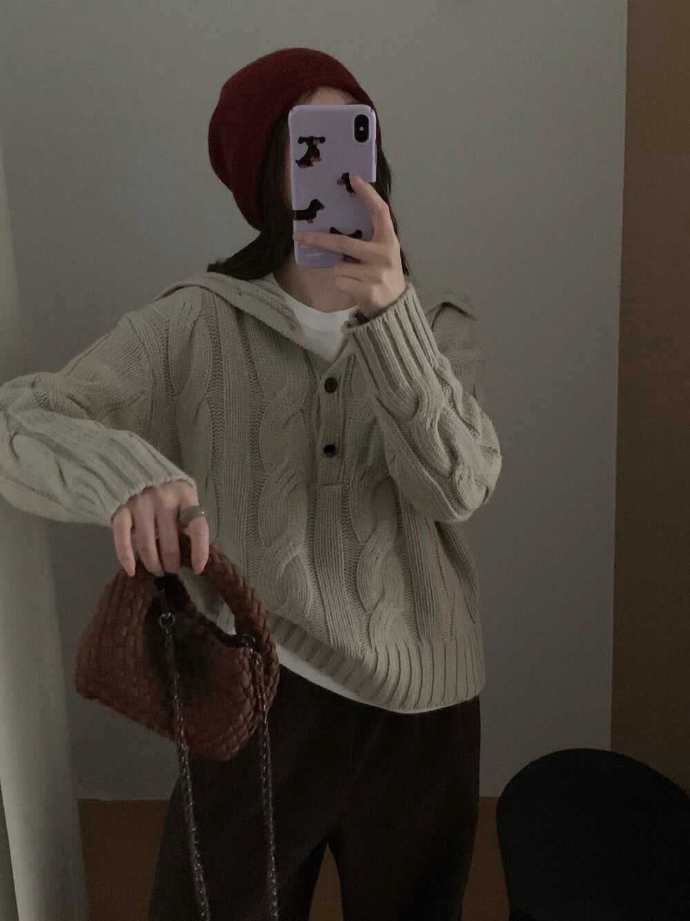 // 30%羊毛可立領鈕扣麻花毛衣