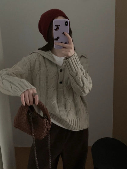 // 30%羊毛可立領鈕扣麻花毛衣