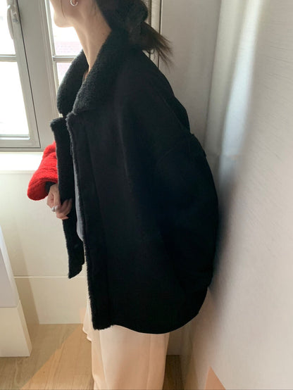 // 可雙面穿皮毛一體翻領中長外套