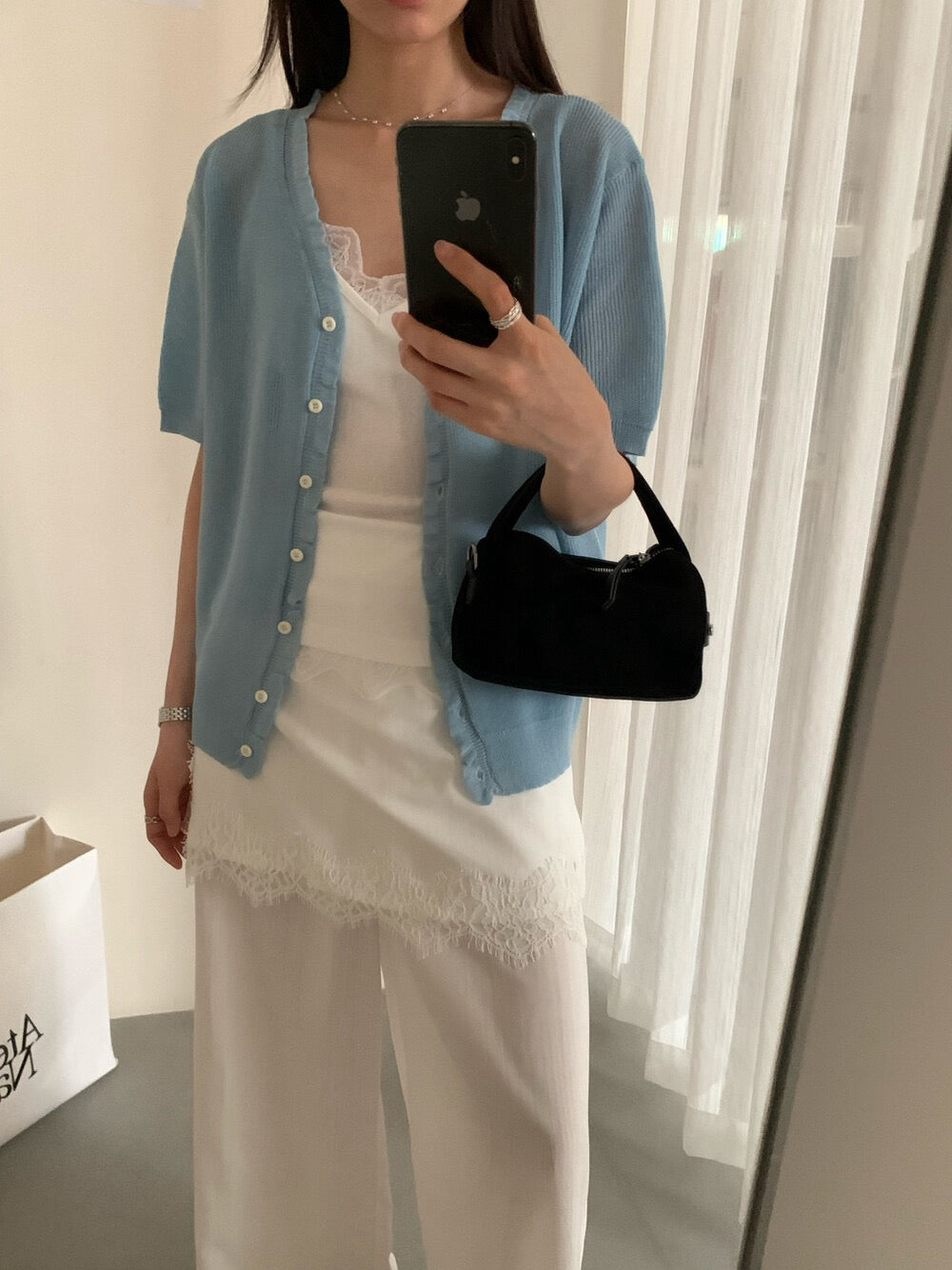 // 溫柔花邊lyocell麻短袖針織CD