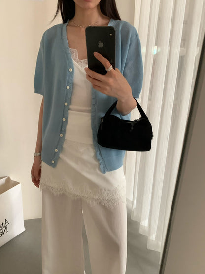 // 溫柔花邊lyocell麻短袖針織CD