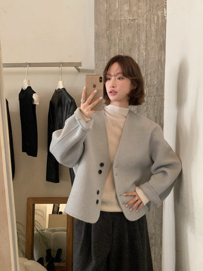 // 極美double鈕扣深V簡約100%雙面羊毛手工外套