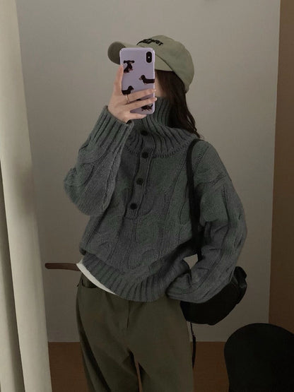 // 30%羊毛可立領鈕扣麻花毛衣