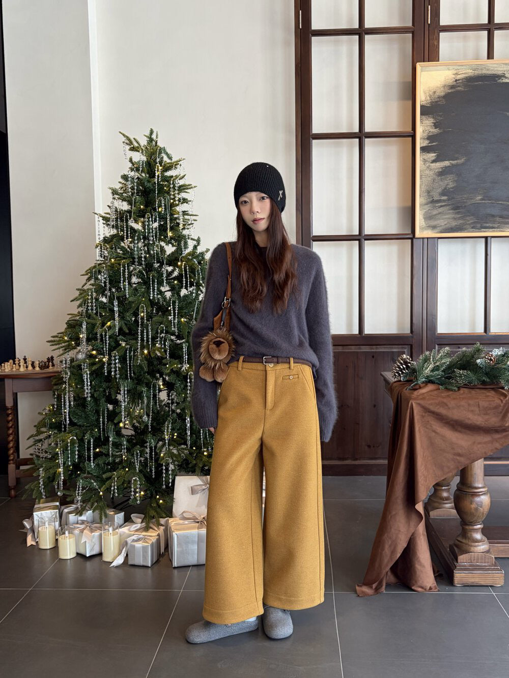 // 小口袋裝飾加絨直腳混羊毛呢褲(連腰帶)