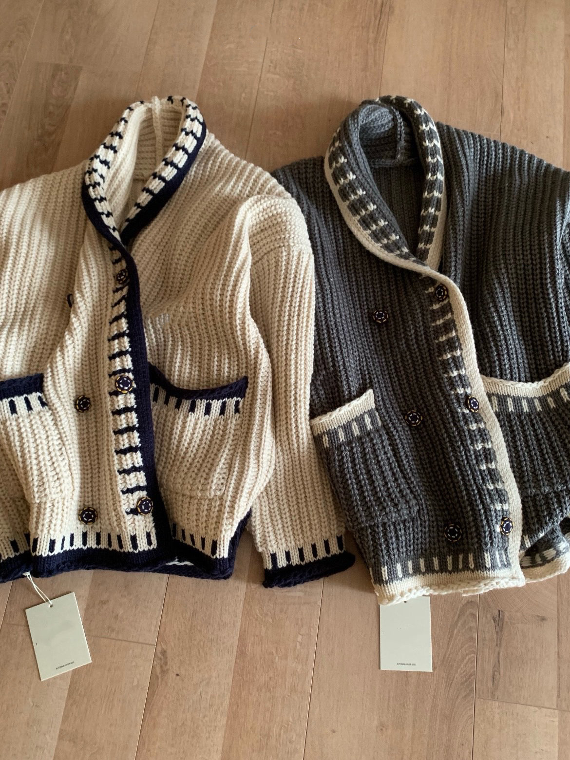 // 撞色織紋包邊翻領中長冷外套