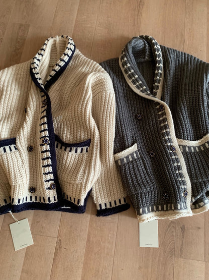 // 撞色織紋包邊翻領中長冷外套