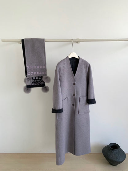// 70%綿羊毛簡約插肩V領長款手工羊毛外套(連頸巾)