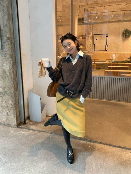 // 帥氣假兩件拼接恤衫領毛衣