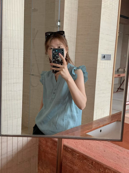 // 麻質飛飛袖小鈕扣背心