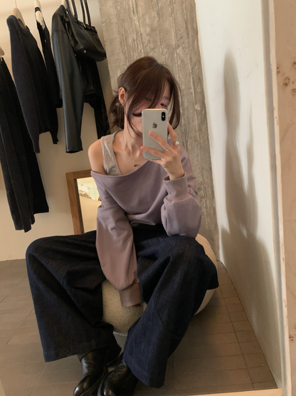 // 休閒感斜肩衛衣+背心兩件套