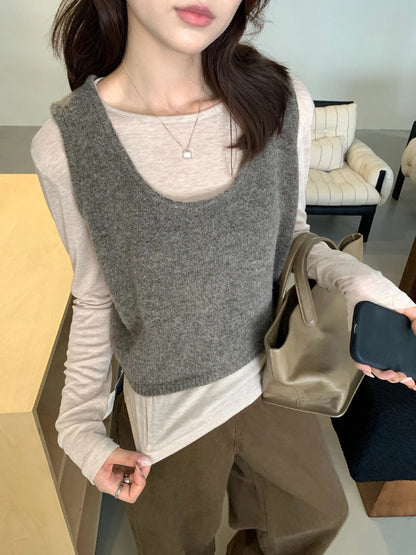 T08 / 顏色超美撞色疊穿針織背心+打底上衣兩件套