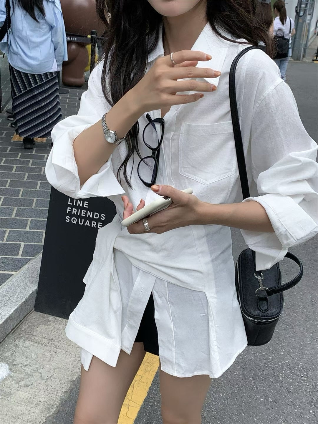 // 造型感綁結腰牛仔棉恤衫