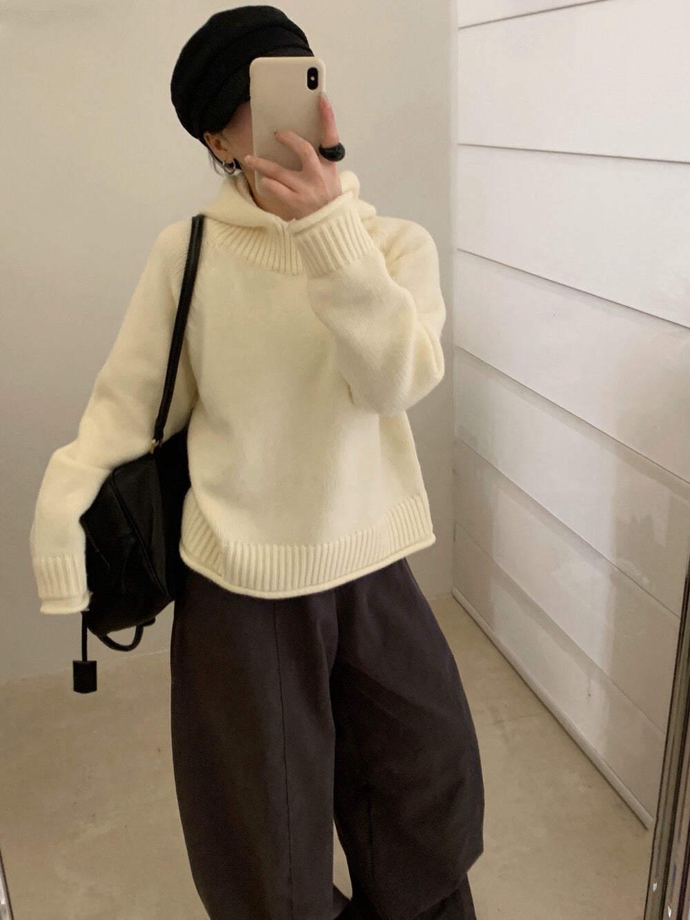 // 粗織紋領位連帽卷卷邊毛衣