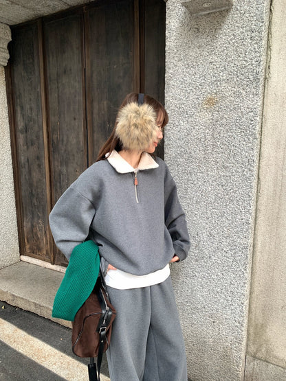 // 毛毛領半拉鍊衛衣+褲套裝