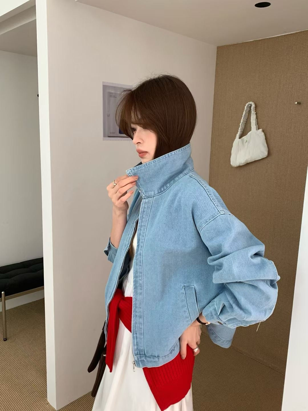 (現貨) // 簡約cutting翻領拉鍊牛仔外套